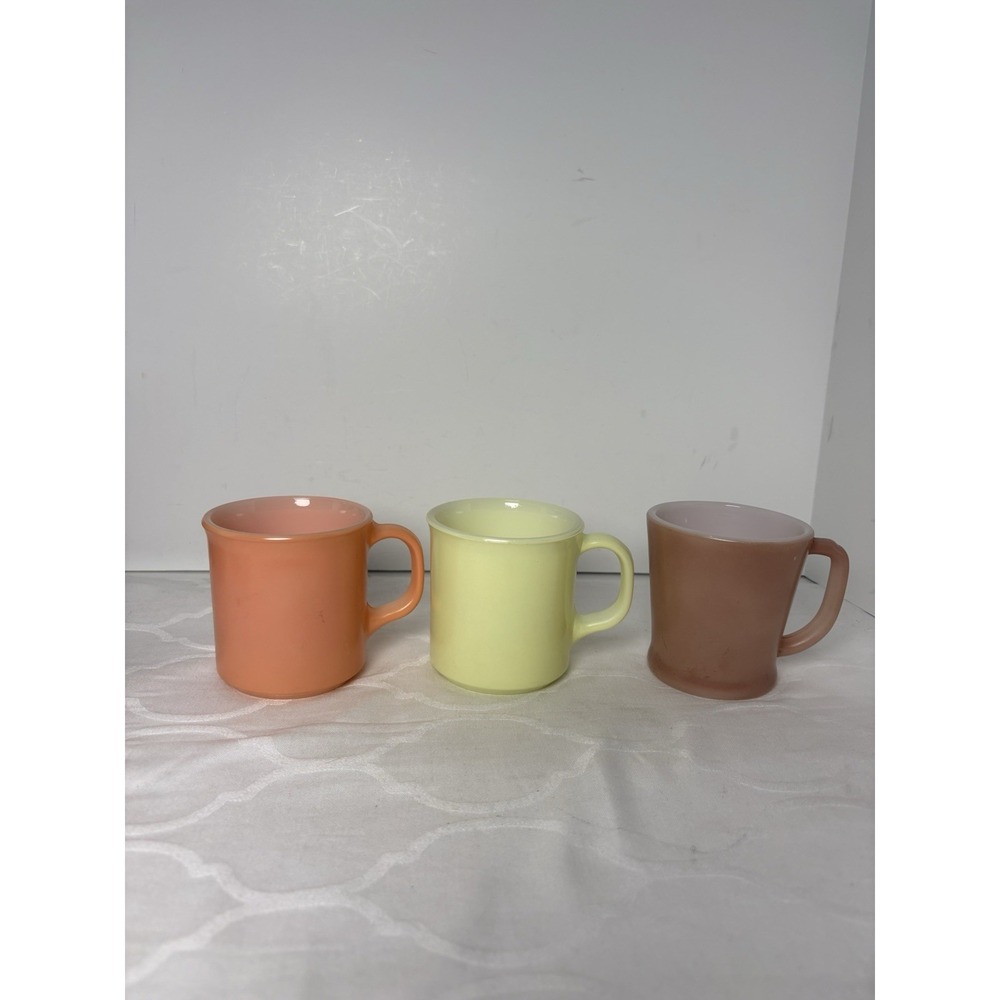 3 Lot Fire King Anchor Hocking Glass Coffee Mugs With C - D Handle Pastel Set